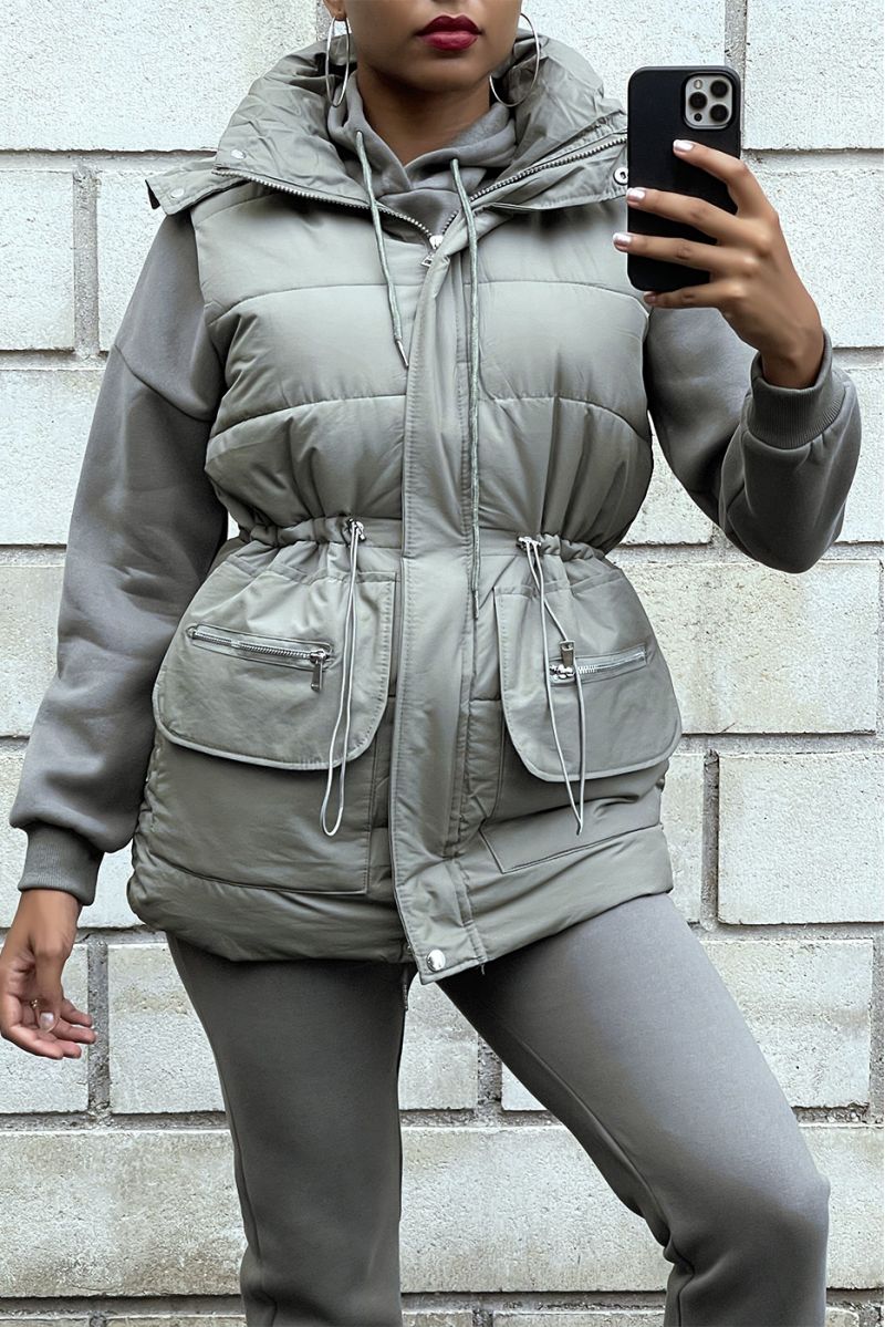 3-piece super thick down jacket, sweatshirt and joggers set in khaki - 4