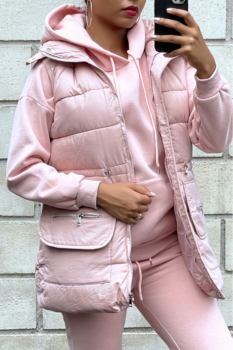 3 piece super thick down jacket sweatshirt and joggers set in pink - 3