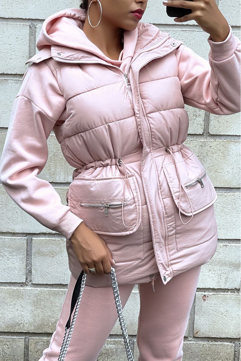 3 piece super thick down jacket sweatshirt and joggers set in pink - 6