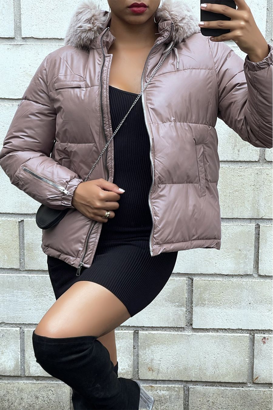 Big taupe down jacket with removable hood