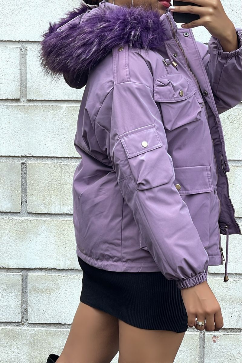 Manteau violet avec plusieurs poches et capuche  - 3