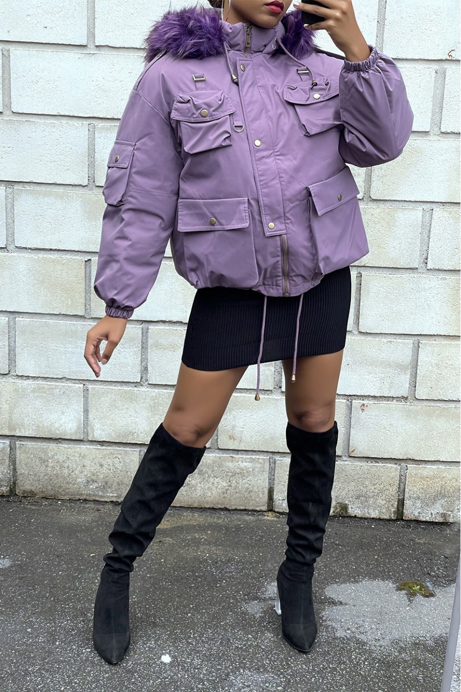 Purple coat with several pockets and hood - 4
