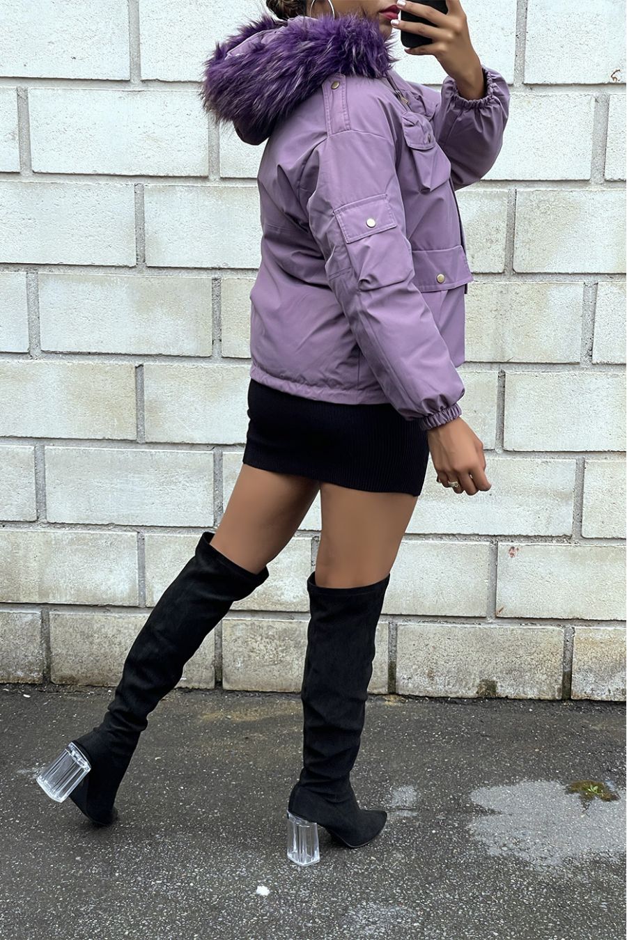 Manteau violet avec plusieurs poches et capuche  - 5