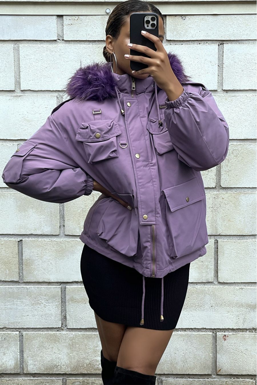 Manteau violet avec plusieurs poches et capuche  - 7