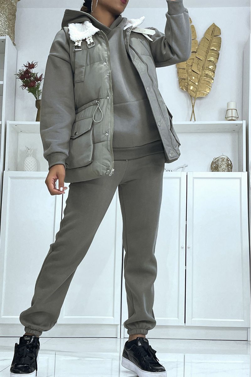 3-piece set of very thick sleeveless down jacket and sweatpants in khaki - 3