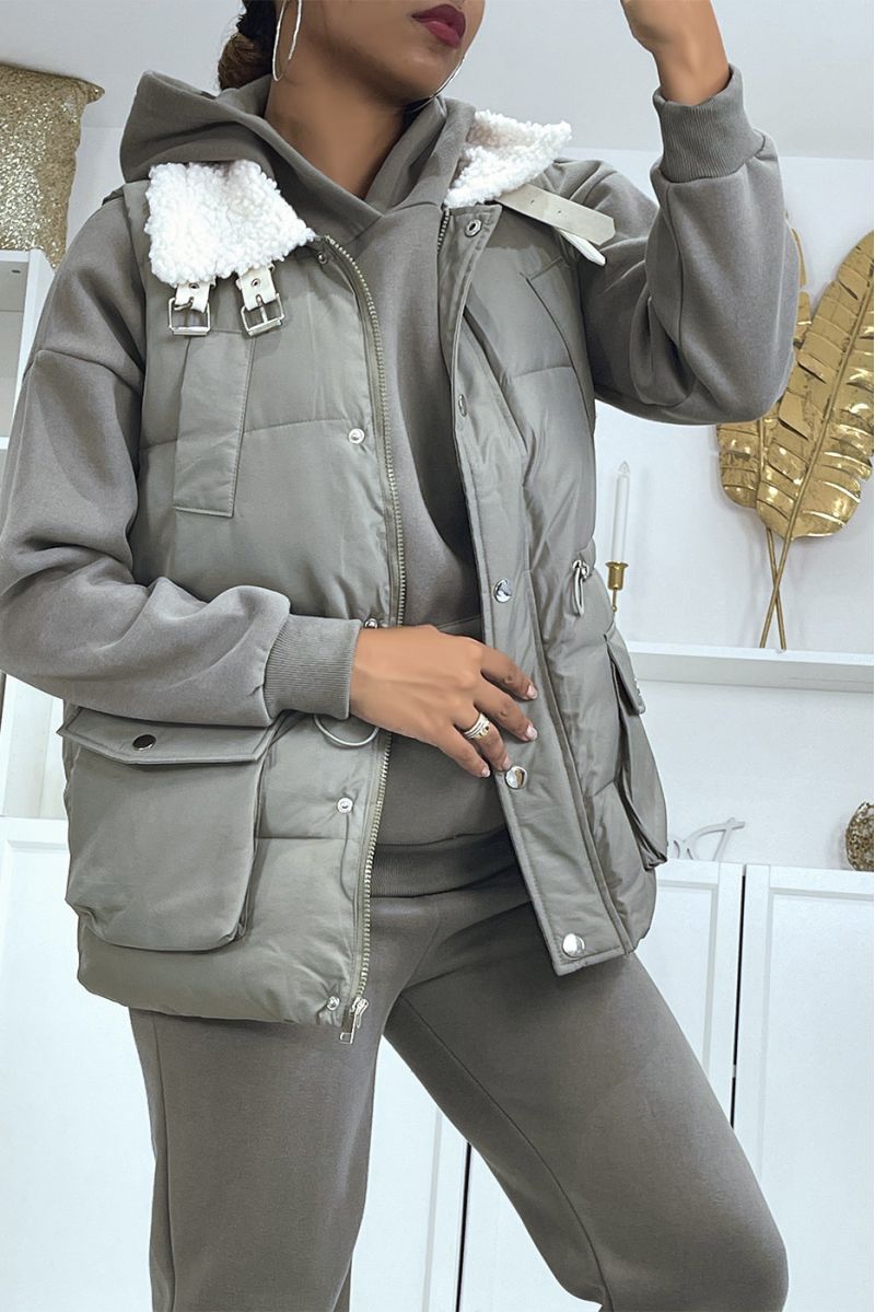 3-piece set of very thick sleeveless down jacket and sweatpants in khaki - 4