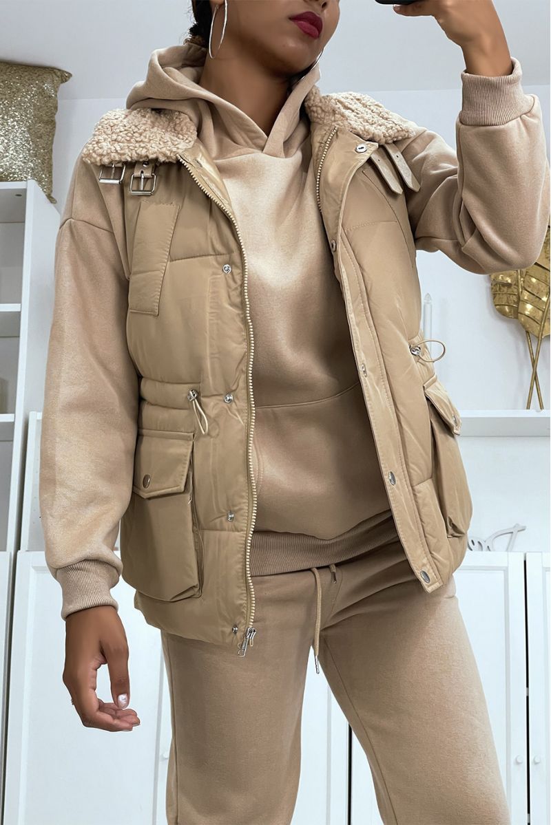 3-piece set of very thick sleeveless down jacket and sweatpants in taupe - 2