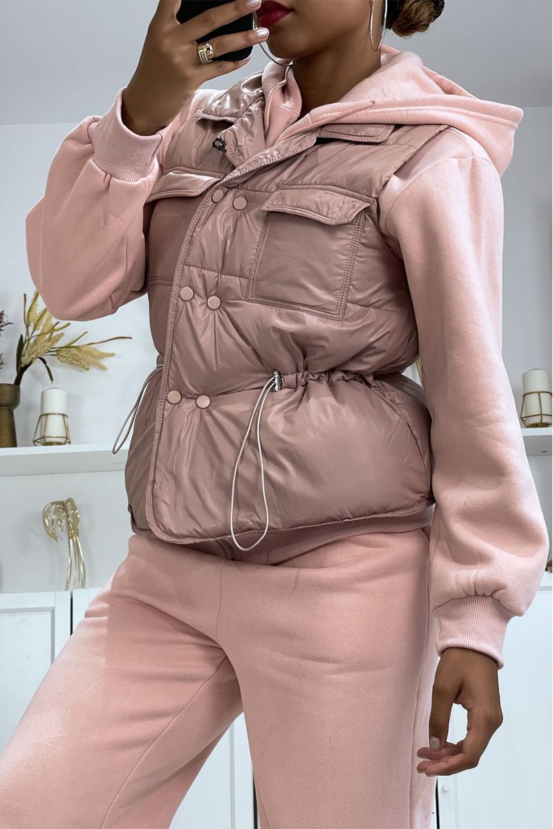 3-piece set of pink sleeveless down jacket with sweatshirt and joggers - 4