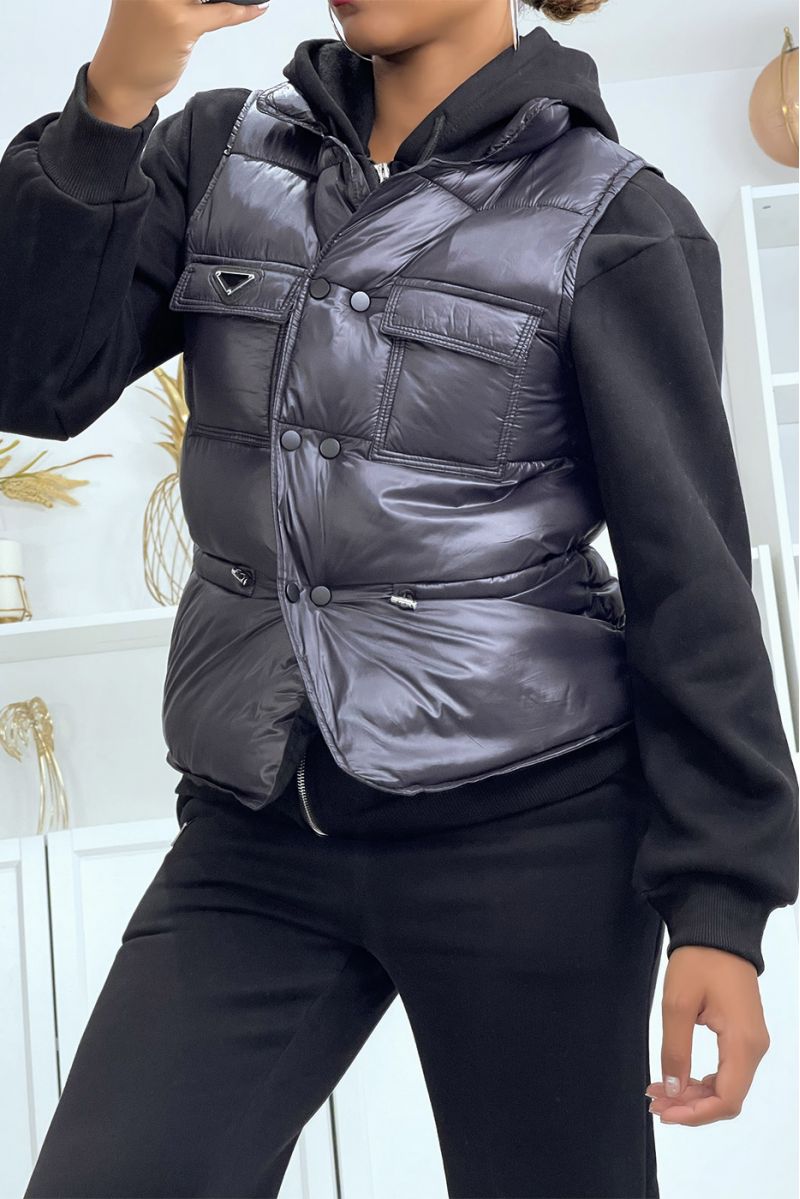 3-piece set of black sleeveless down jacket with sweatshirt and joggers - 3