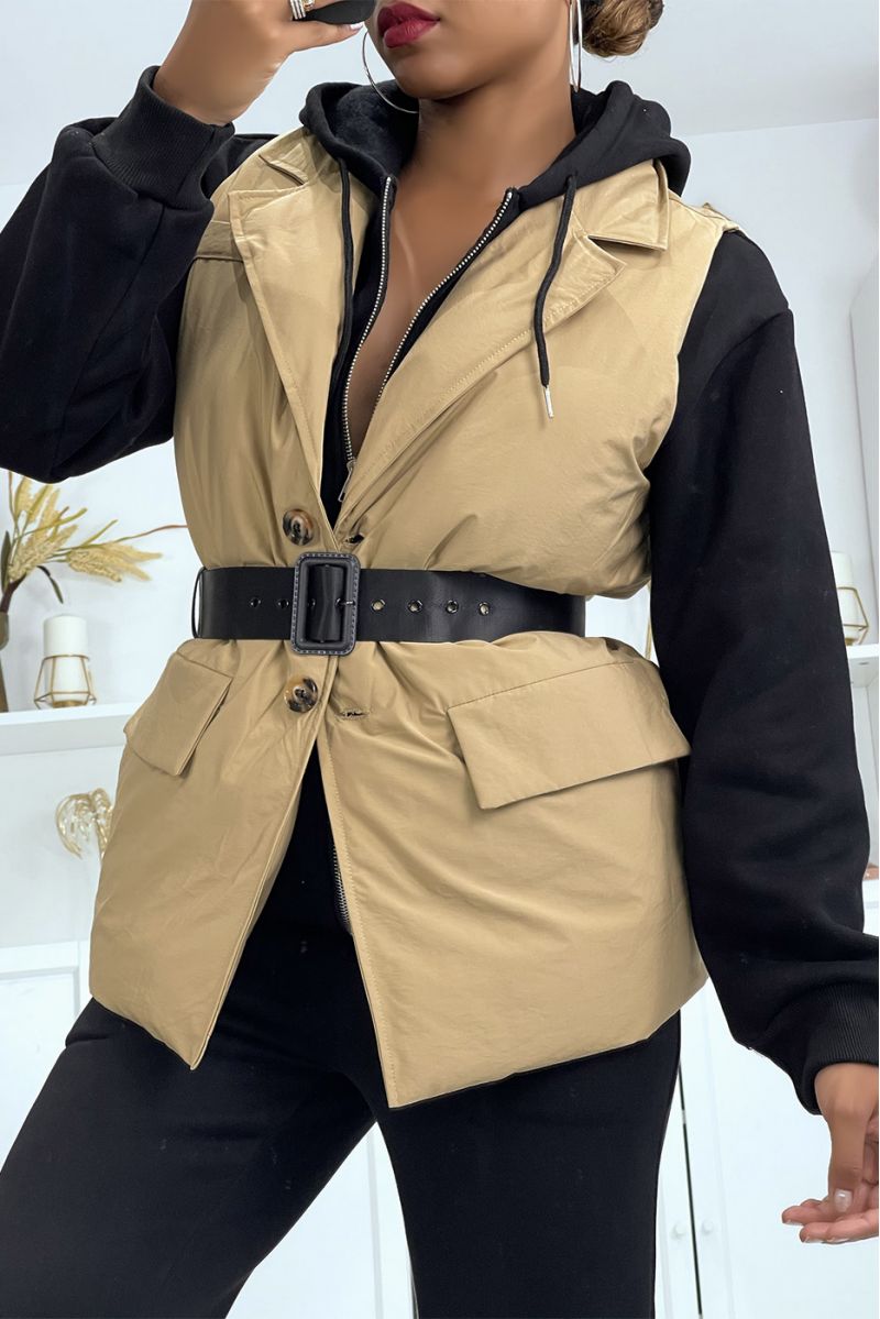 Quilted taupe sleeveless jacket with belt - 1