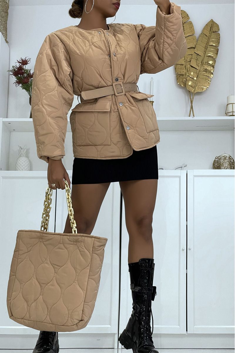 Camel quilted coat with bag and belt - 1