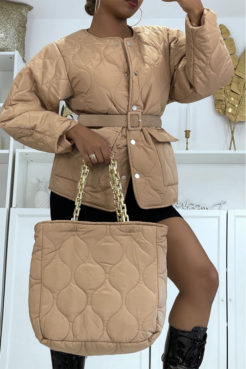 Camel quilted coat with bag and belt - 2