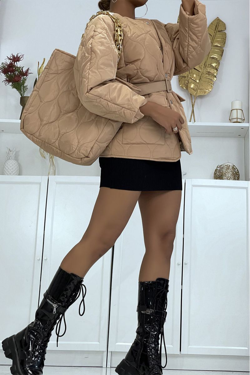 Camel quilted coat with bag and belt - 3