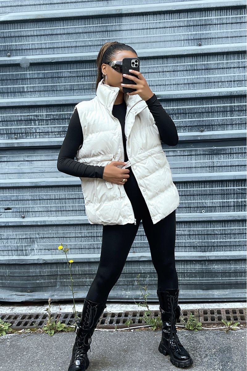 Faux beige sleeveless puffer jacket adjustable at the waist - 1