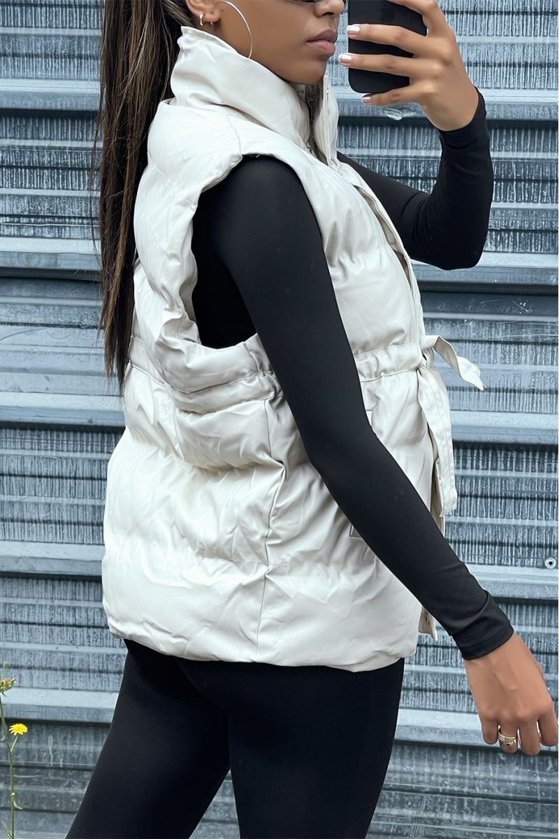 Faux beige sleeveless puffer jacket adjustable at the waist - 6