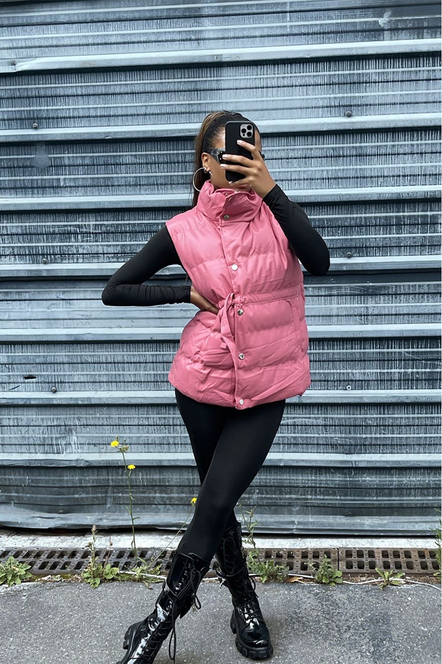 Faux fuchsia mouwloos pufferjack verstelbaar in de taille - 5