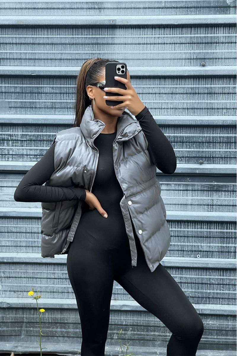 Anthracite imitation sleeveless padded jacket adjustable at the waist - 1