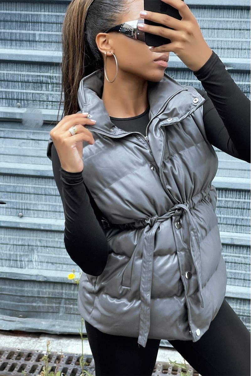 Doudoune en simili anthracite sans manche ajustable à la taille  - 5