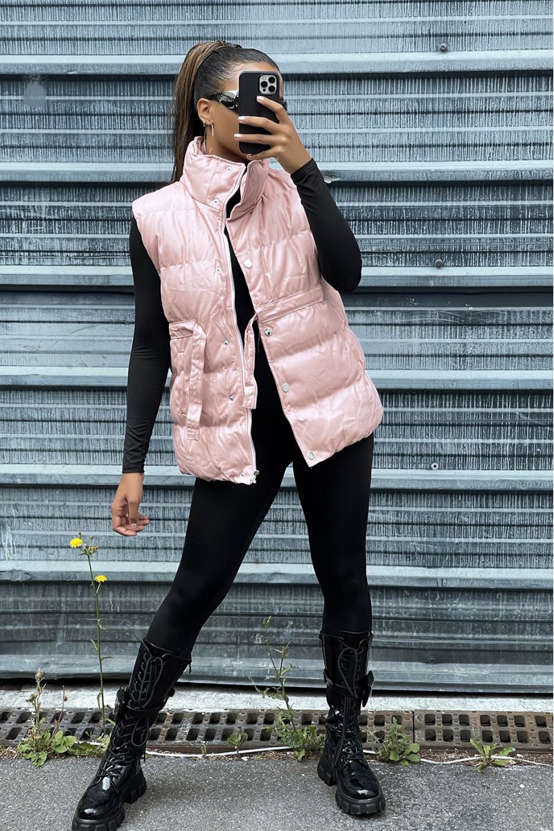 Sleeveless faux pink puffer jacket adjustable at the waist - 1
