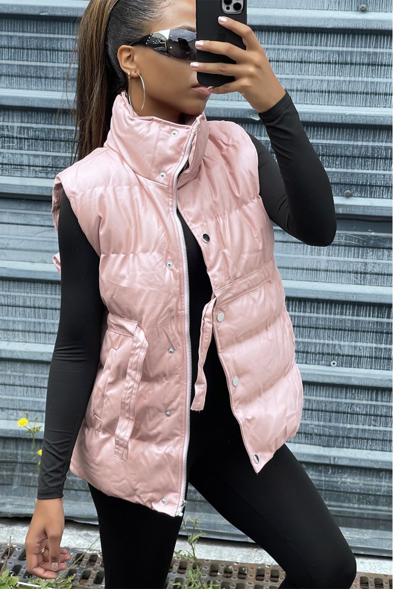 Sleeveless faux pink puffer jacket adjustable at the waist - 2