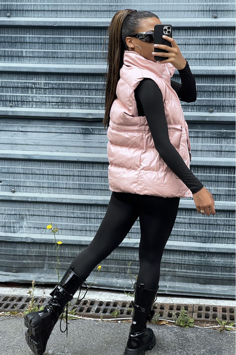 Sleeveless faux pink puffer jacket adjustable at the waist - 3
