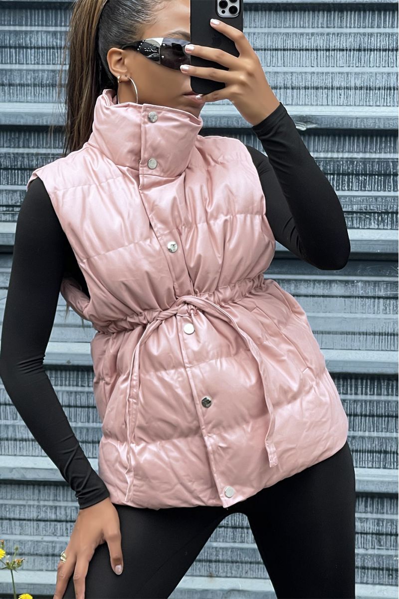 Sleeveless faux pink puffer jacket adjustable at the waist - 4