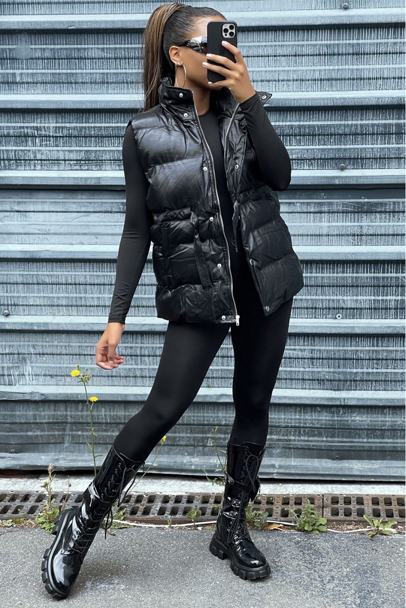 Sleeveless black faux leather down jacket adjustable at the waist - 1