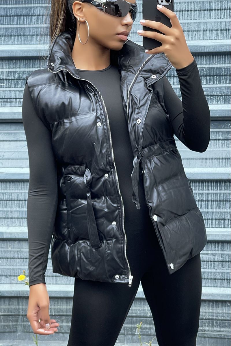 Sleeveless black faux leather down jacket adjustable at the waist - 3