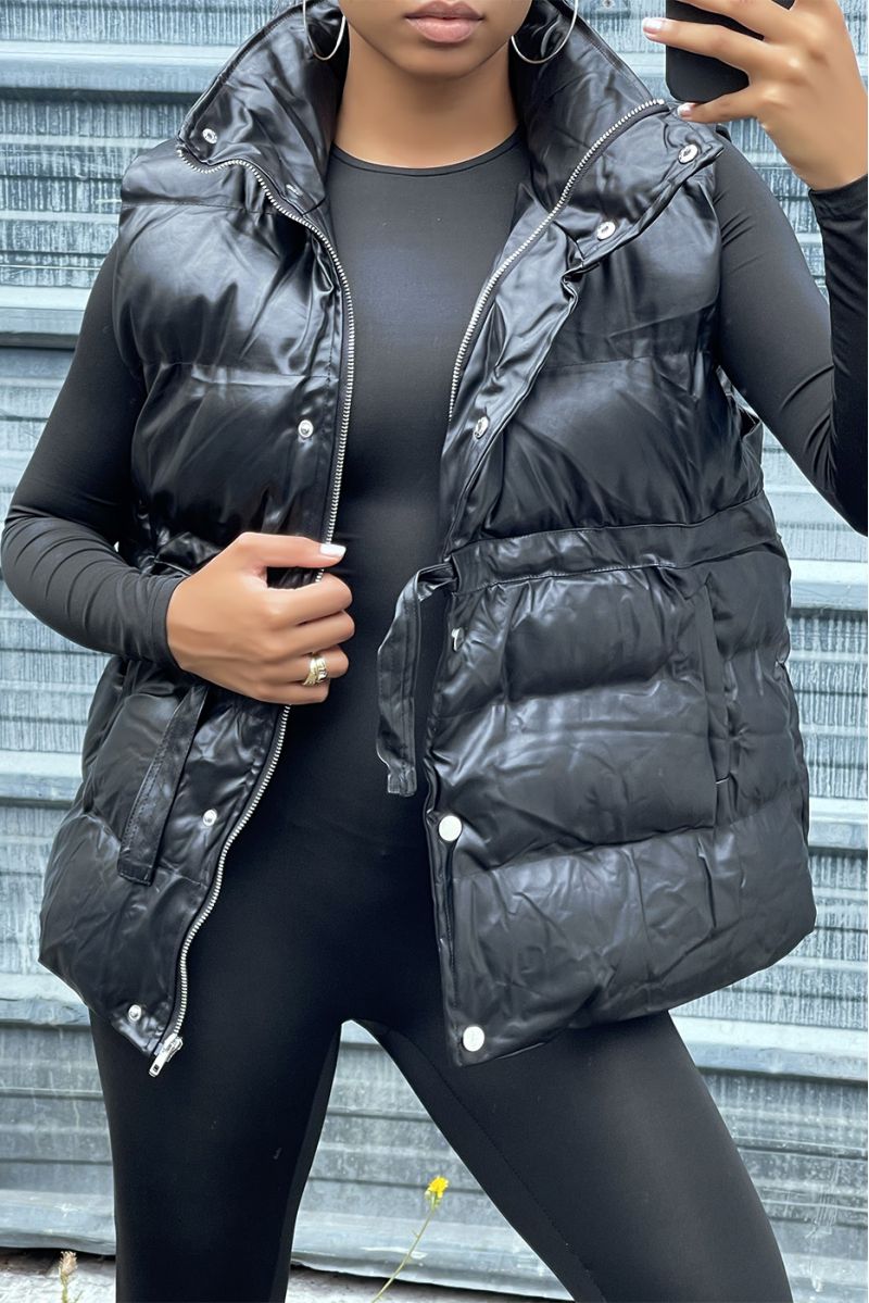 Sleeveless black faux leather down jacket adjustable at the waist - 4