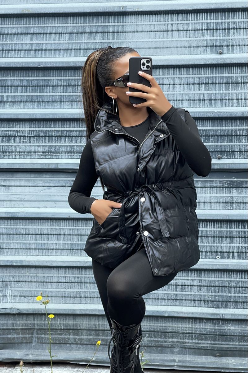 Sleeveless black faux leather down jacket adjustable at the waist - 6