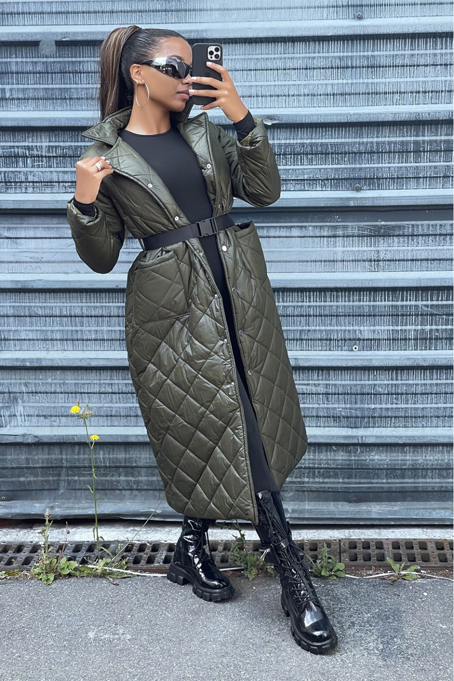 Long quilted down jacket in khaki - 1