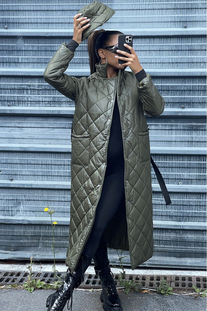 Long quilted down jacket in khaki - 6