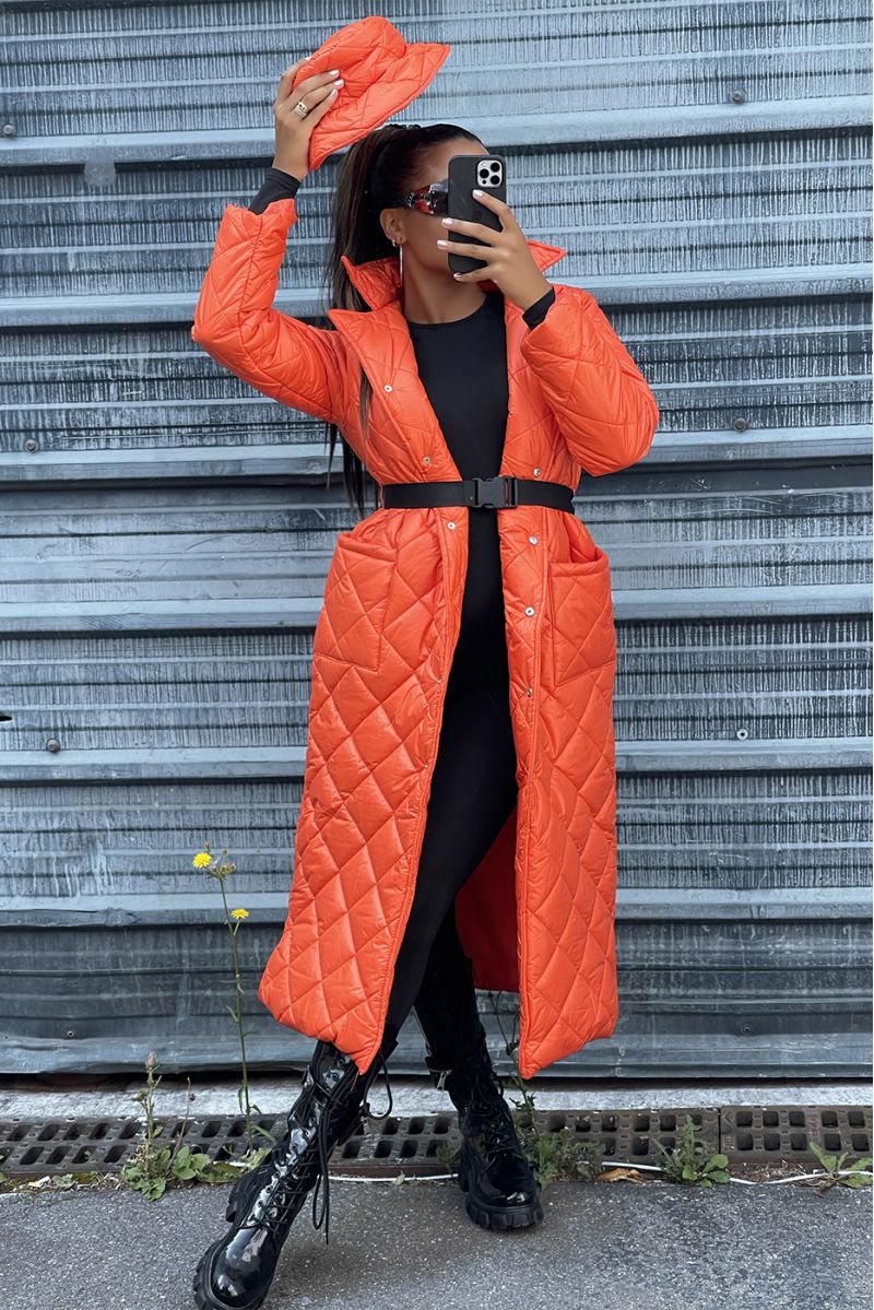Long quilted down jacket in orange - 1