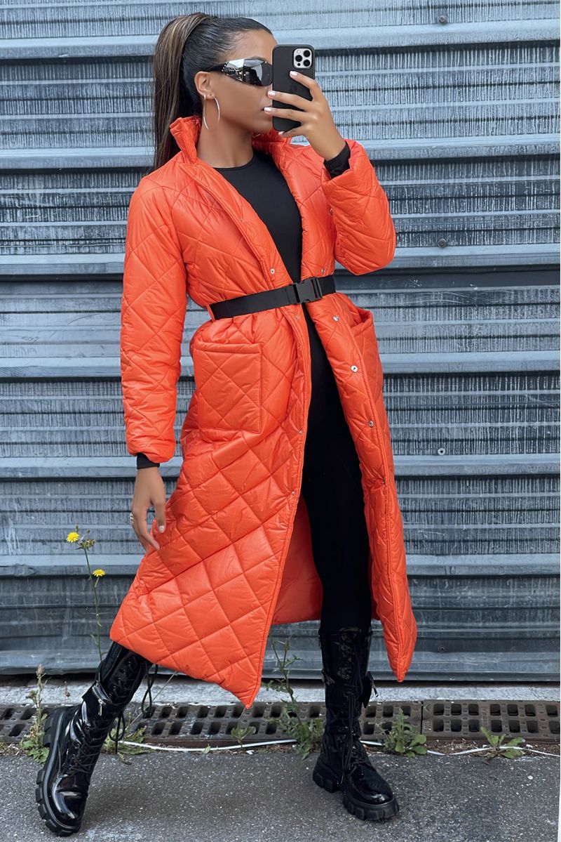Long quilted down jacket in orange - 2