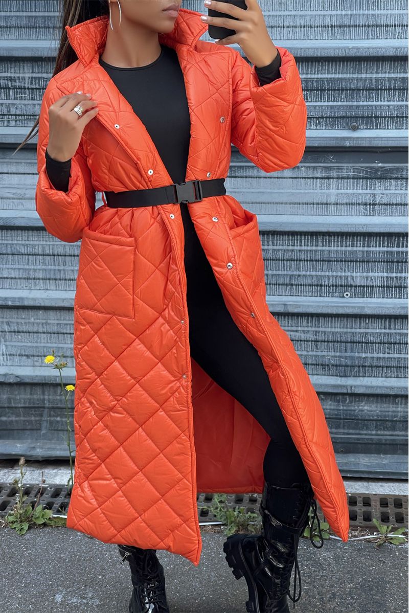 Long quilted down jacket in orange - 3