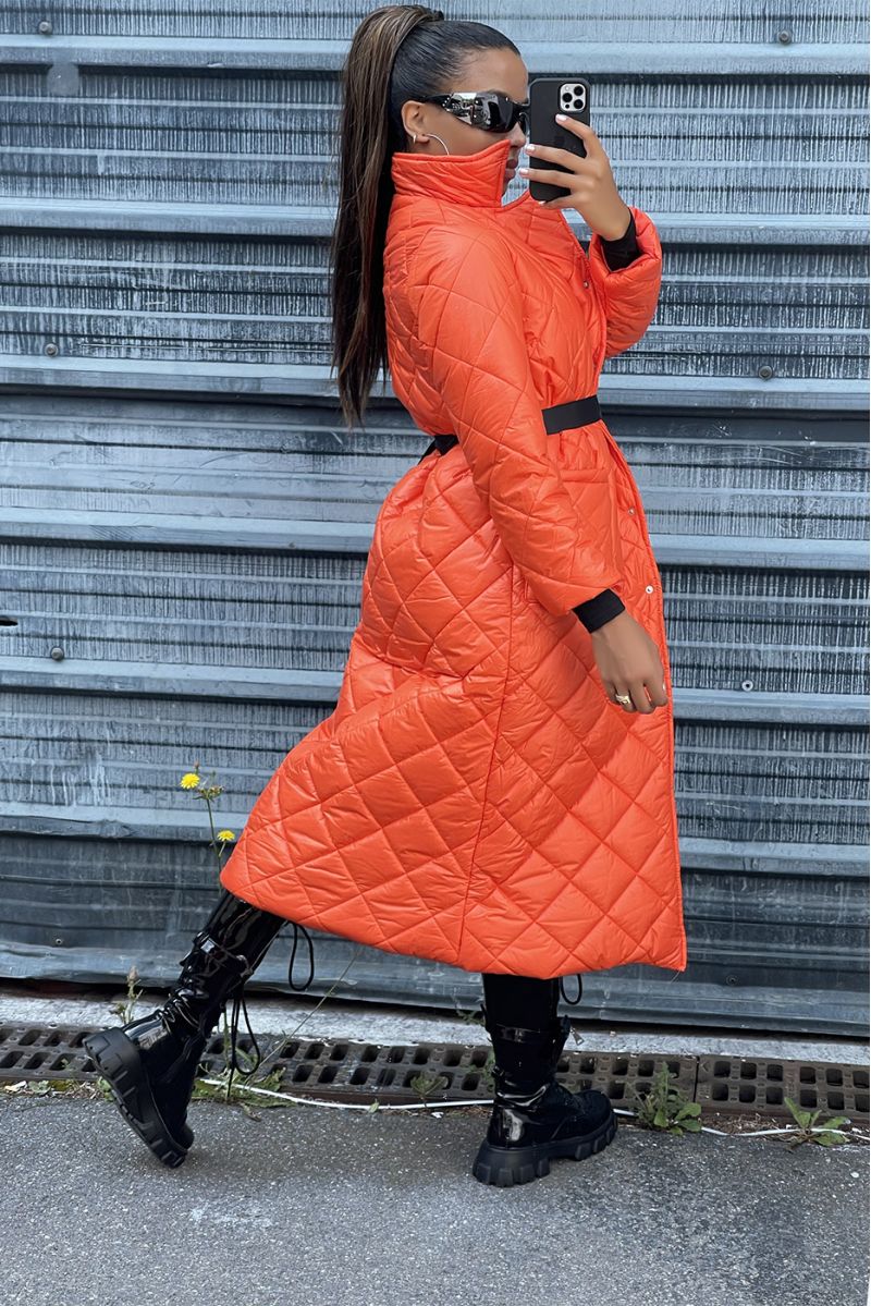Long quilted down jacket in orange - 4