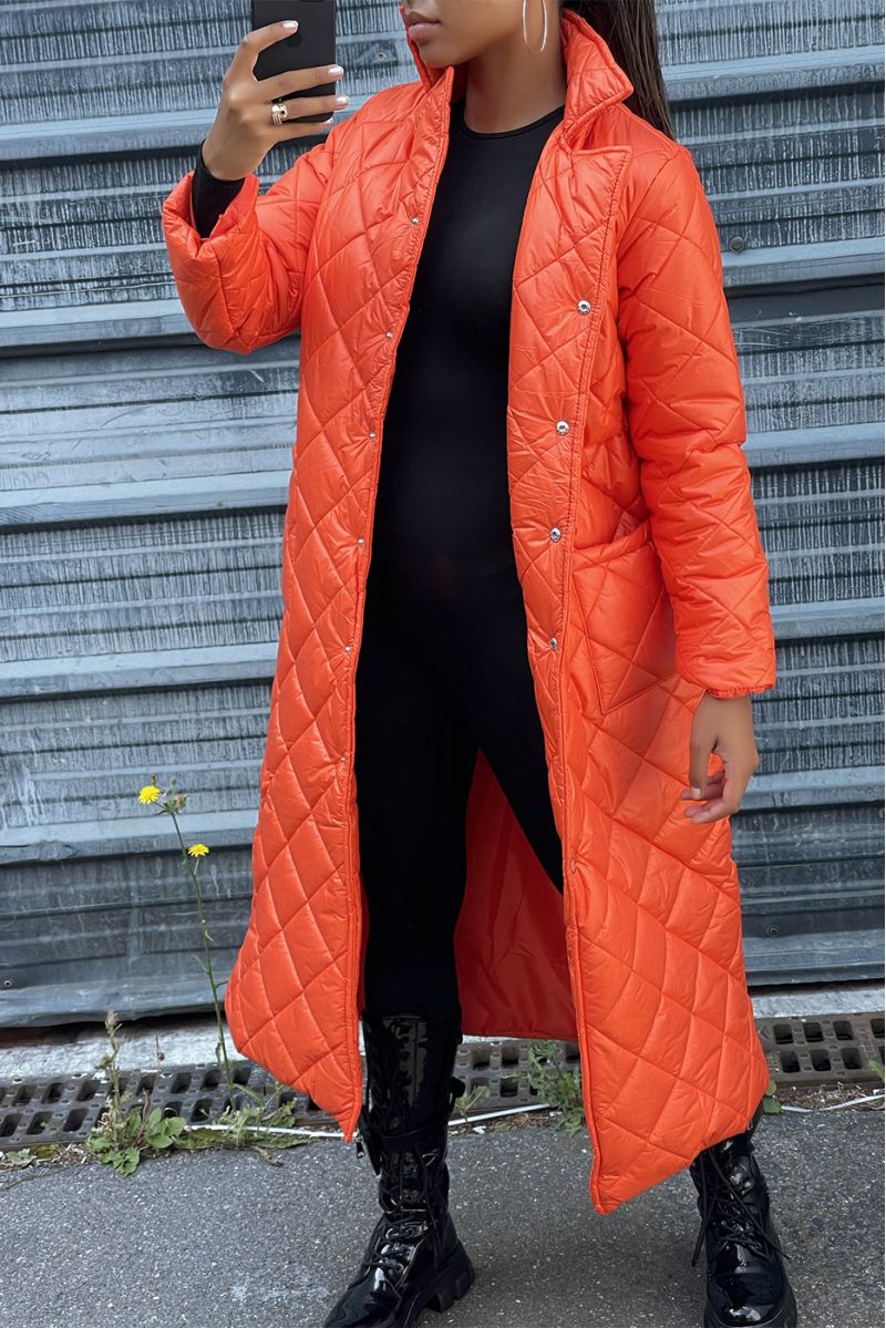 Long quilted down jacket in orange - 5