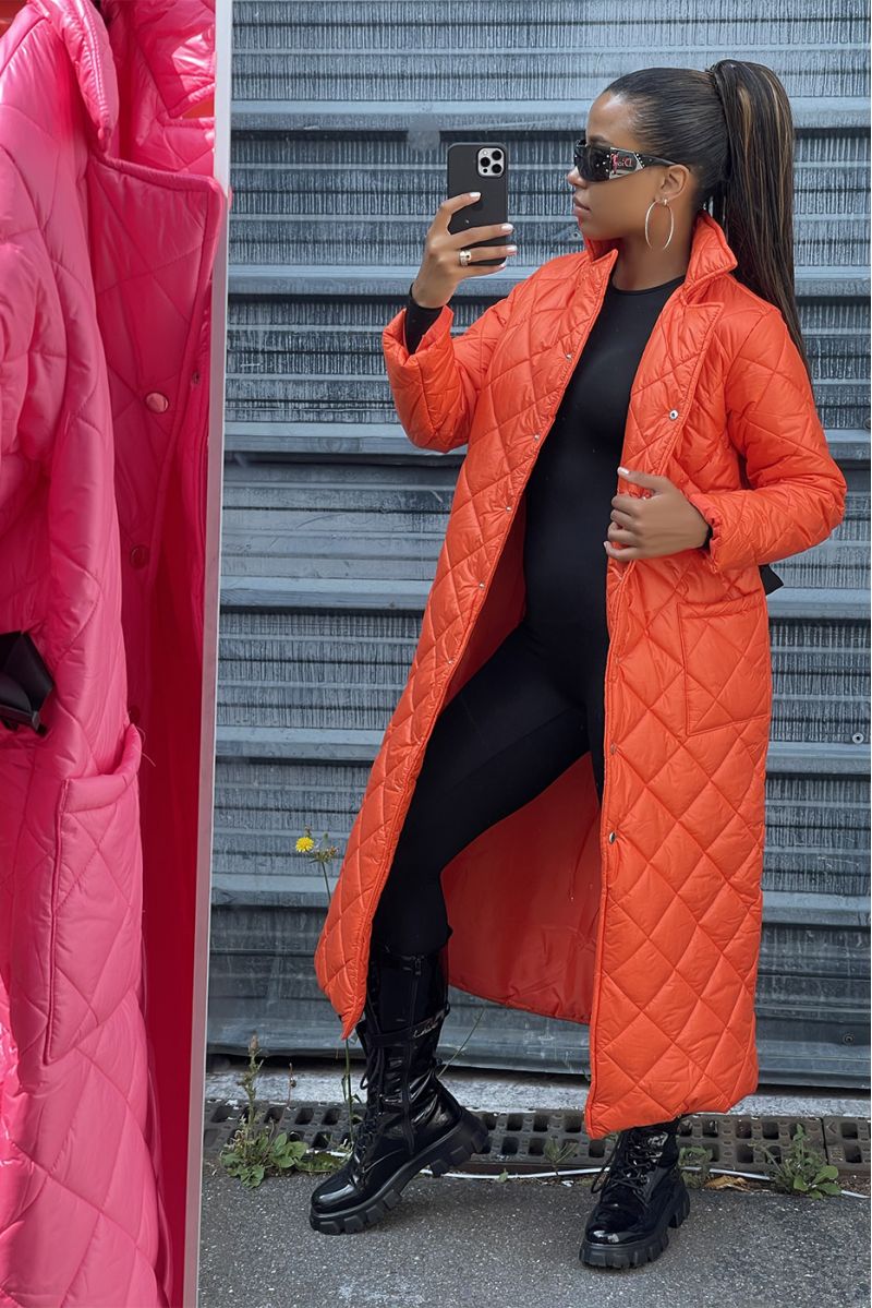 Long quilted down jacket in orange - 6
