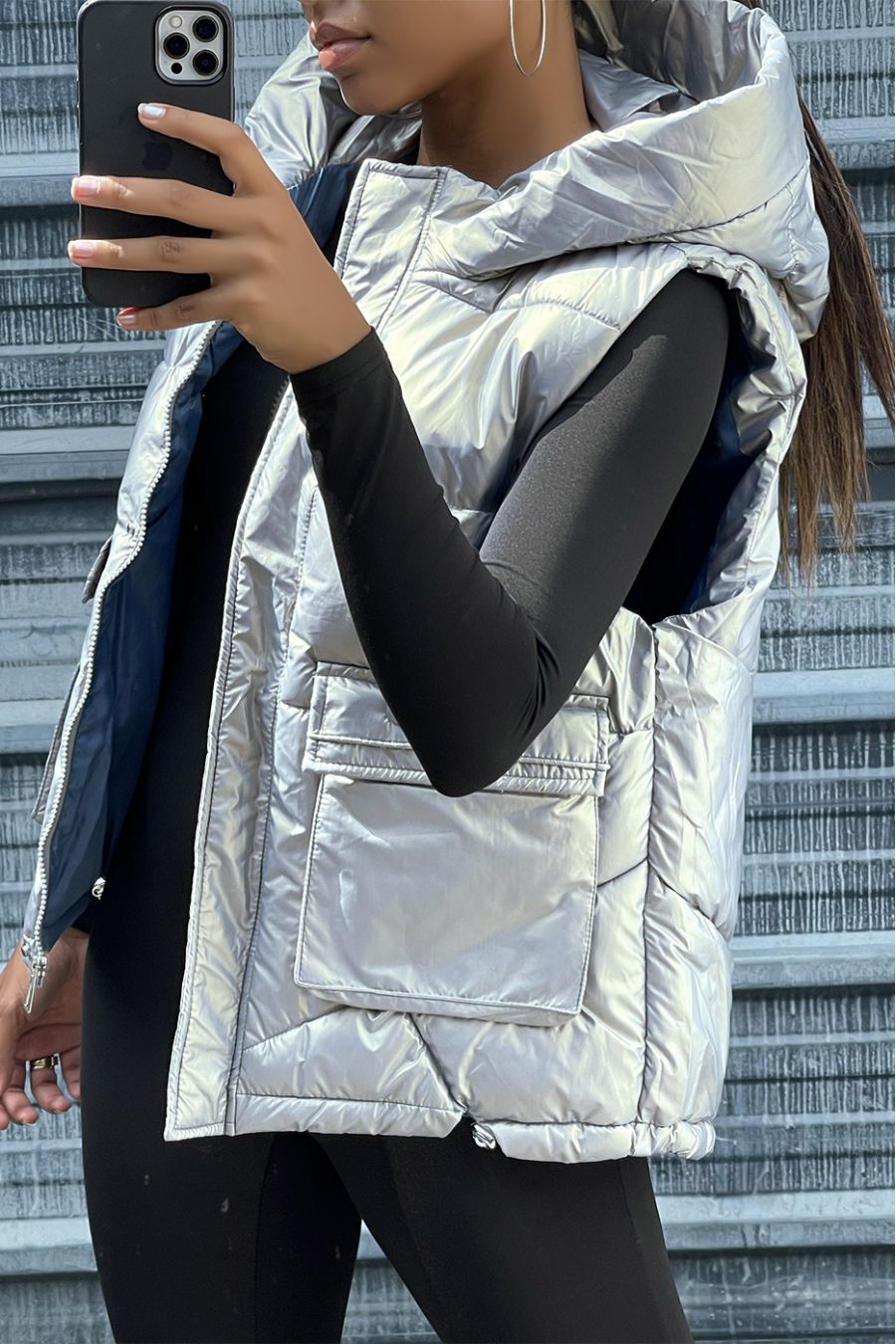 Retro effect silver sleeveless down jacket - 4