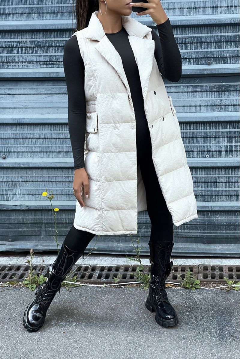 Longue doudoune beige croisé ajustable à la taille  - 1
