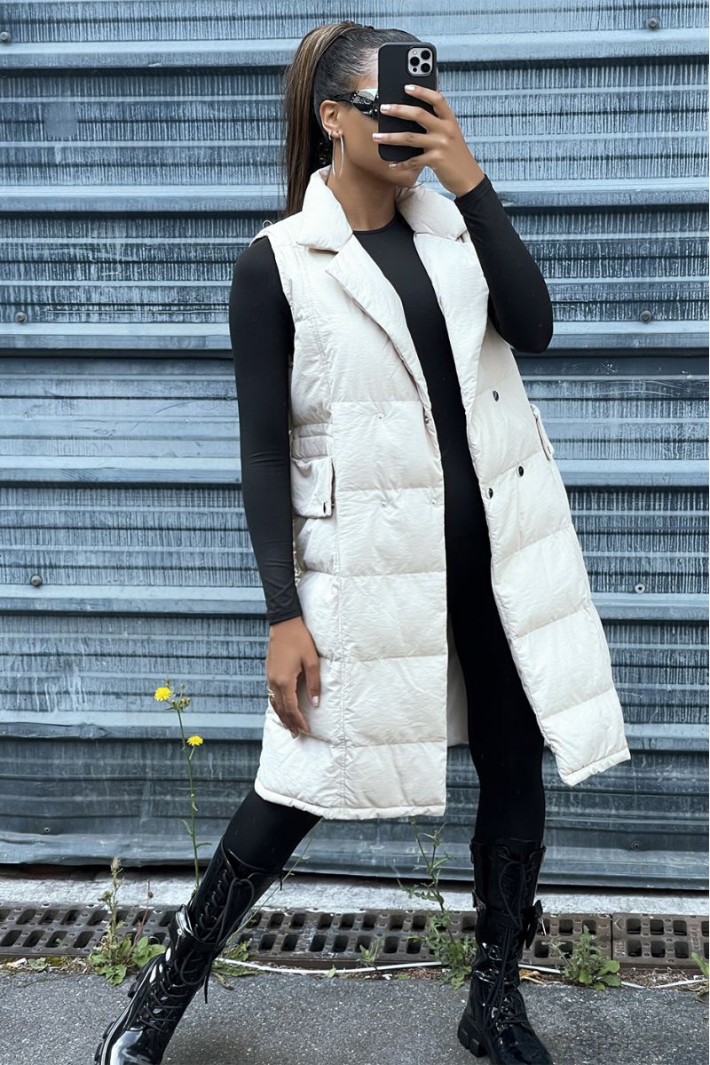 Longue doudoune beige croisé ajustable à la taille  - 2