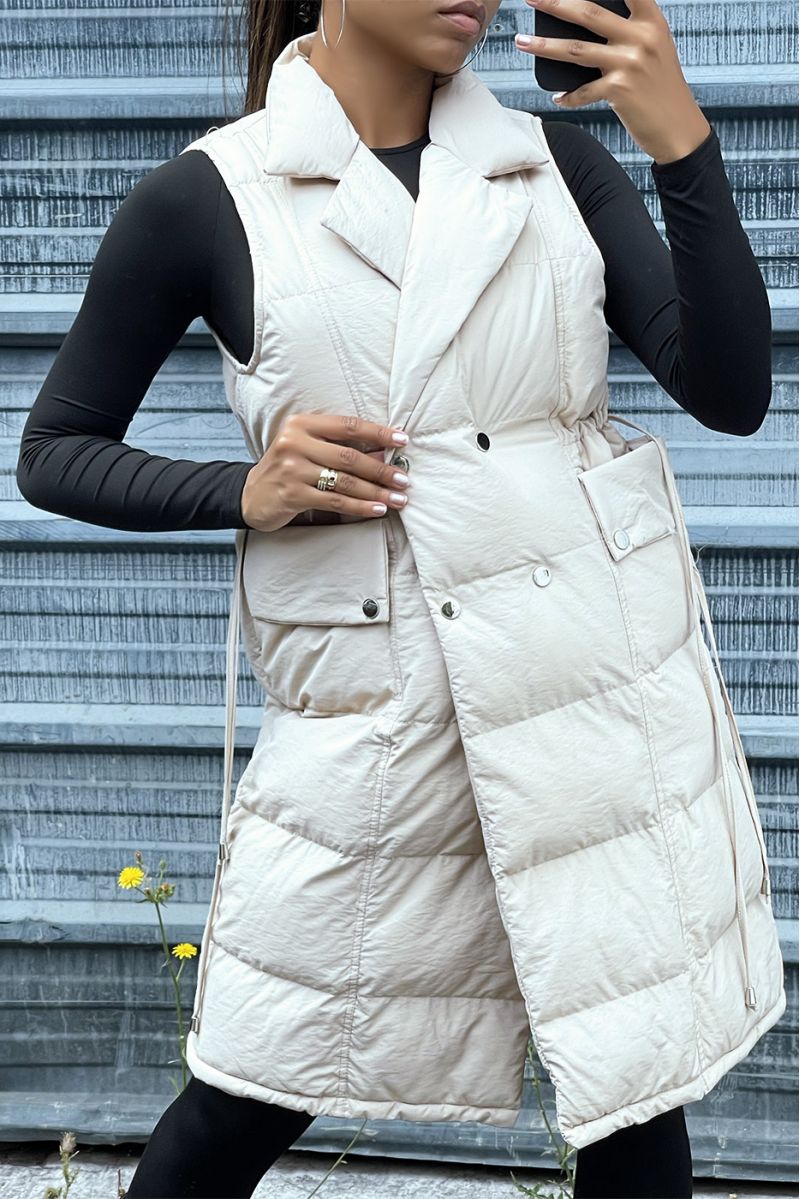 Longue doudoune beige croisé ajustable à la taille  - 3