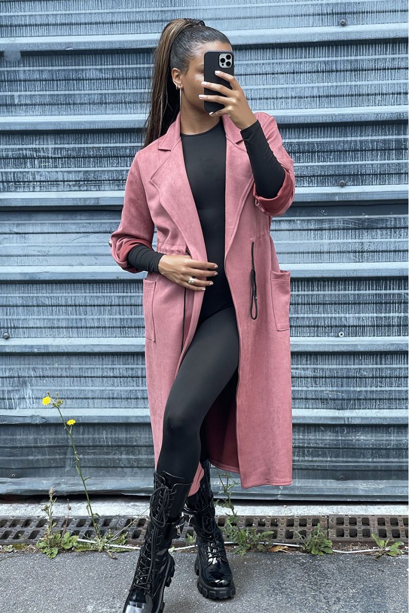 Fuchsia suedette trench coat adjustable at the waist - 1