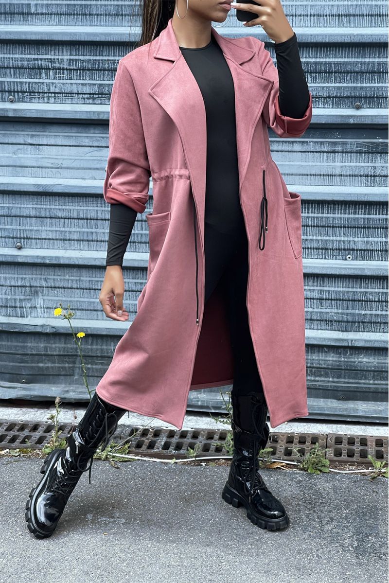 Fuchsia suedette trench coat adjustable at the waist - 2