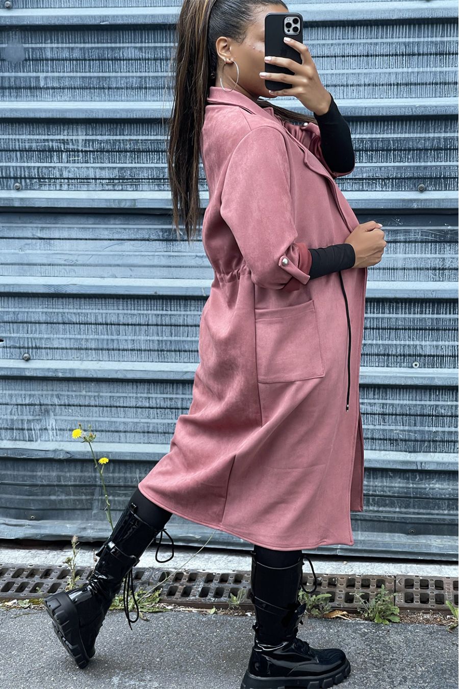 Fuchsia suedette trench coat adjustable at the waist - 3