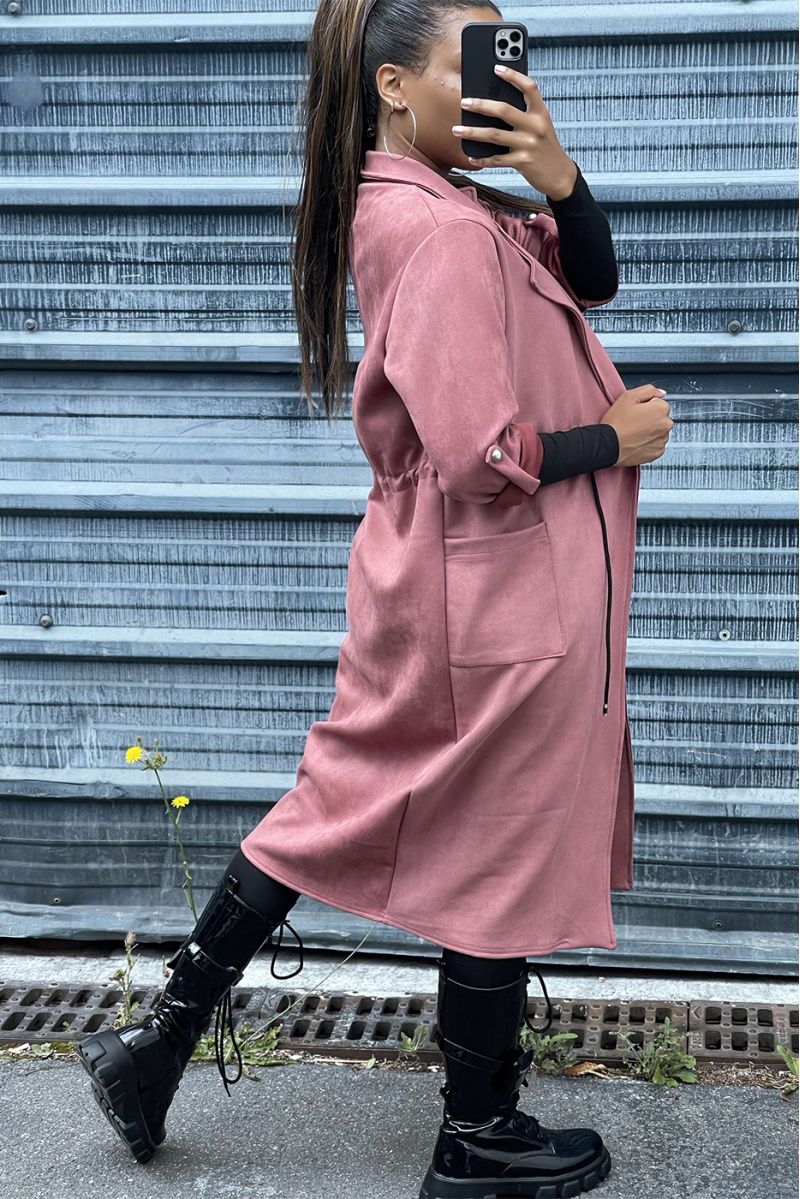 Fuchsia suedette trench coat adjustable at the waist - 3