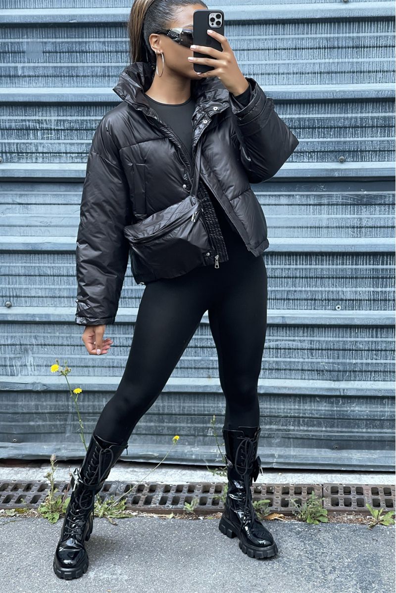 Black adjustable waist down jacket with pockets and bag - 1