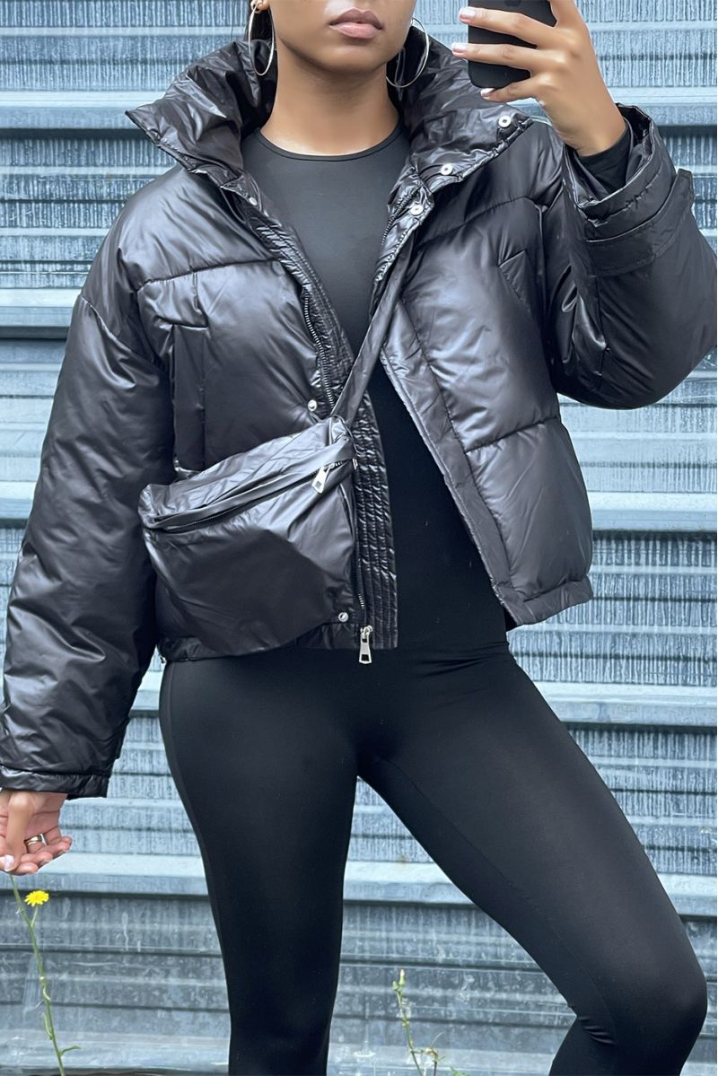 Black adjustable waist down jacket with pockets and bag - 2