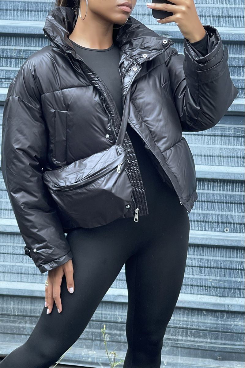 Black adjustable waist down jacket with pockets and bag - 3