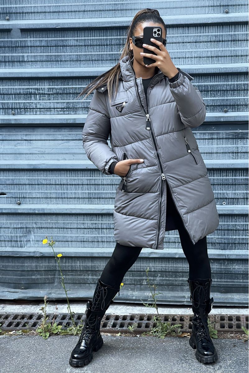 Long gray down jacket with bag and detachable hood - 1
